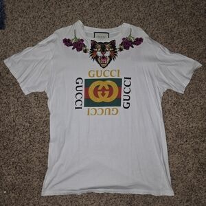 Gucci White Tee with Multicolor Logo and Tiger Design